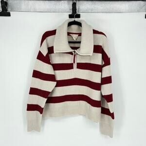Evy's Tree Burgundy and Cream Striped 1/4 Zip Cropped Sweater - XL - Preppy